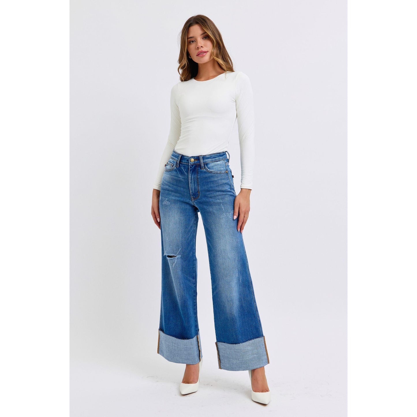 Judy Blue Full Size Distressed High Waist Wide Leg Jeans