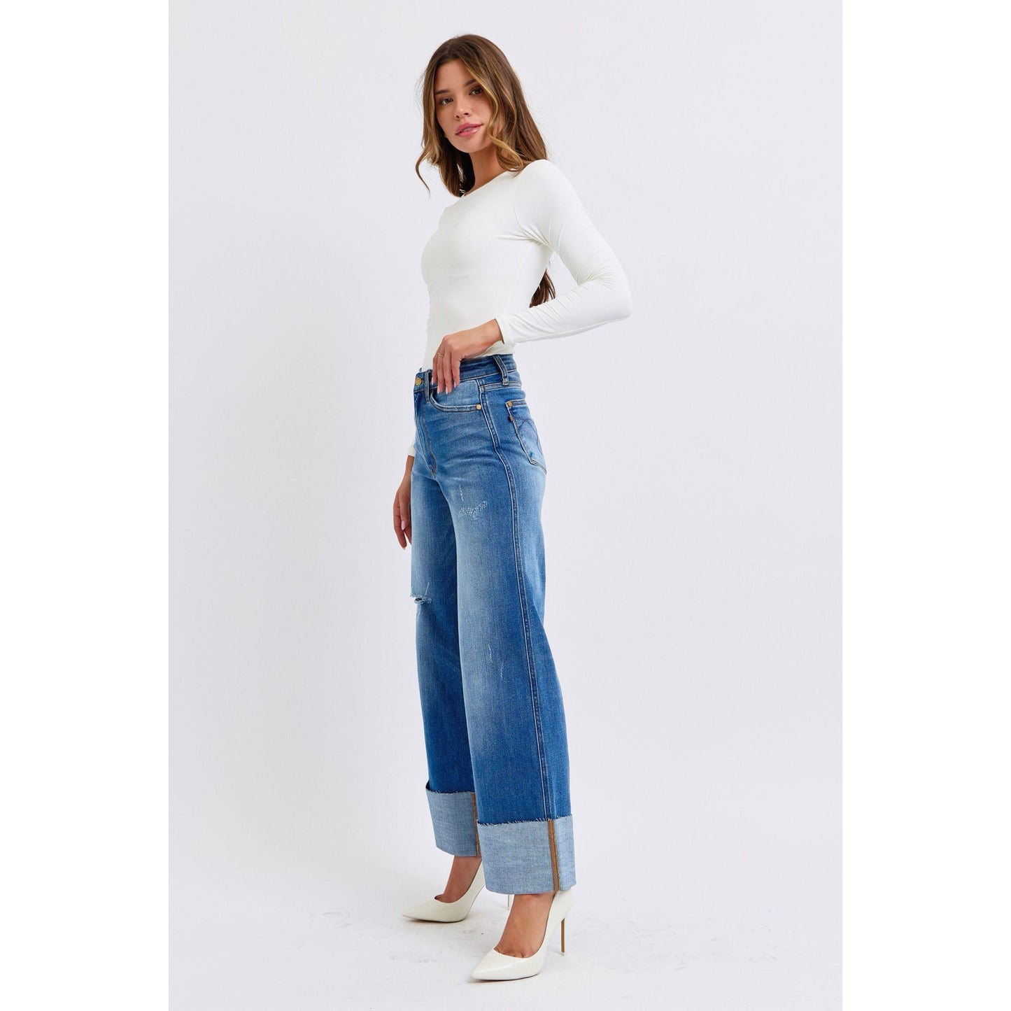 Judy Blue Full Size Distressed High Waist Wide Leg Jeans