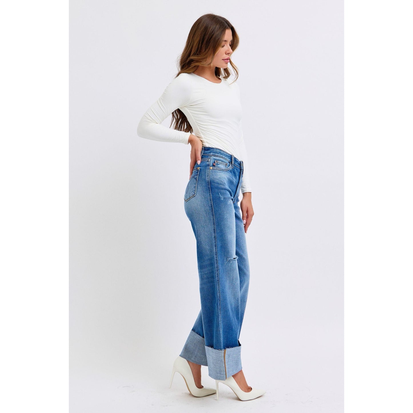 Judy Blue Full Size Distressed High Waist Wide Leg Jeans